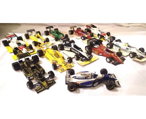 Ten Burago and one Onyx 1/24 scale Formula one cars, mostly in very good to excellent condition, unboxed. P&amp;P Group 2 (£1