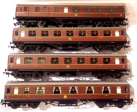 Four OO scale Hornby LMS maroon coaches; x1 all 1st class, x1 brake end, x2 all 3rd class. Very good - excellent condition, u