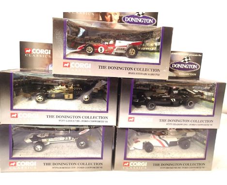 Five Corgi Donnington Collection F1 cars, 97373, 97374, 97375, 97376, 97377, all in excellent condition, boxes with slight we