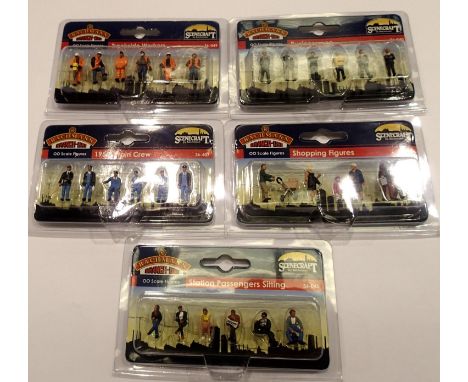 Five Bachmann OO scale figure sets, sitting passengers, shoppers, train crew, businessmen, trackside workers, new in packs. P