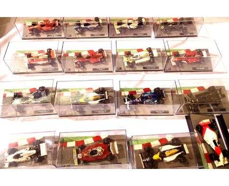Seventeen Formula 1 cars 1/43 scale (two unboxed) magazine issue type, mostly in excellent condition, plastic boxes. P&amp;P 