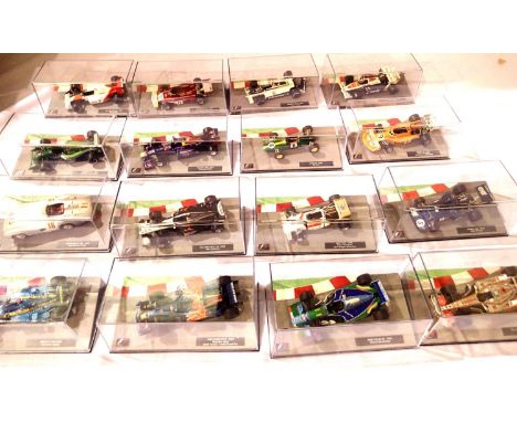 Sixteen magazine issue 1/43 scale racing cars, mostly in excellent condition in plastic cases. P&amp;P Group 3 (£25+VAT for t