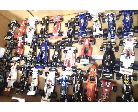 Twenty eight Formula one type racing cars; Corgi, Matchbox etc, mostly in fair to good/playworn condition. P&amp;P Group 2 (£