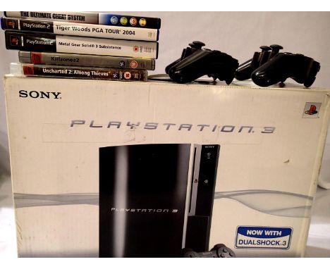 Playstation 3 80gb console, boxed with two controllers, power lead (model: CECHK03) and two PS3 games and two PS2 games. P&am