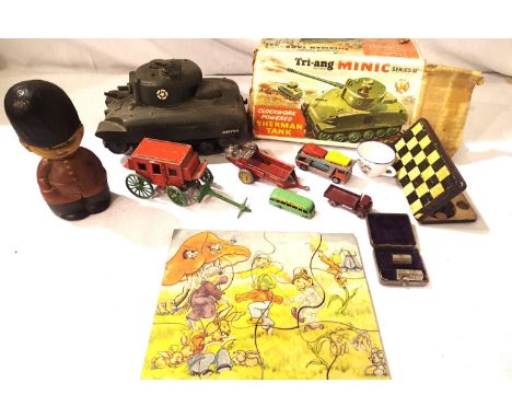 Selection of vintage toys including Crescent Stagecoach, Matchbox bus and tank, Owzat game, pocket game, wooden jigsaw etc, i