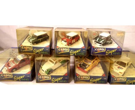 Seven Corgi Super Minis; two Peugeot 205 Turbo, Citroen Dolly, Renault 5 Turbo, two Mini Cooper, Mini Monte Carlo, mostly in 