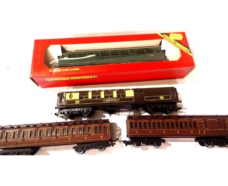 Hornby R334 D.M.U. centre car Green, Pullman coach no.79 and two LMS Clerestory roof coaches - Red, mostly in good condition.