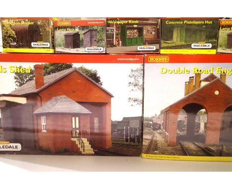 Seven Skaledale buildings; double engine shed, goods shed, Anderson shelter, lamp huts x2, newspaper kiosk and platelayers hu