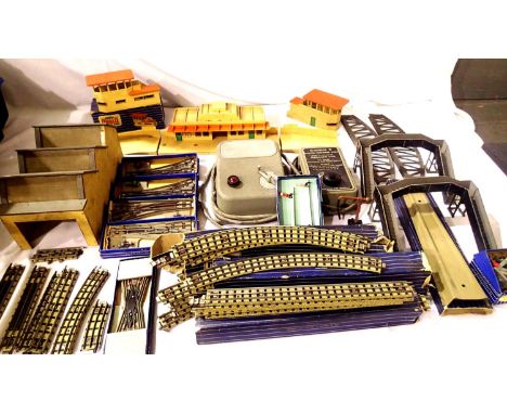 Quantity of Hornby Dublo three rail track, points, station, signal boxes, signals , buffer stops, bridges, controllers etc, m