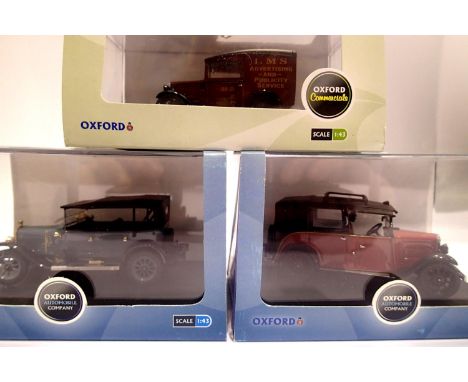 Three 1/43 scale O Gauge vehicles by Oxford Austin Seven van - LMS, Austin taxi and Austin Heavy Twelve, all in excellent con