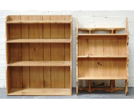 Stripped pine open bookcase, multiple shelves, width 75cms, a pine hanging dresser and other pine shelf units, (4).