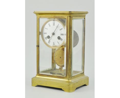 French four glass and brass cased mantel clock, with eight day movement, striking on a gong, enamel dial, Roman numerals, hei