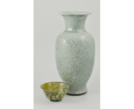 Chinese celadon vase, decorated with oriental floral design, converted to a lamp, height 30cms, together with a jadeite bowl,