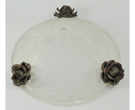 French Art Deco light shade by Degue, decorated with three roses, impressed 'Degue', diameter 36cm.