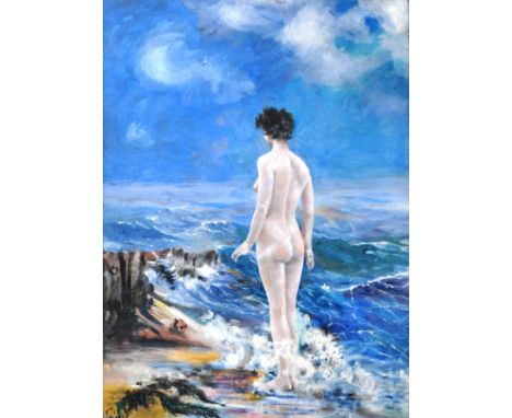 1920's oil on canvas, Nude in a Seascape, distinctly signed, painted 1925, framed, 76 x 55cms.