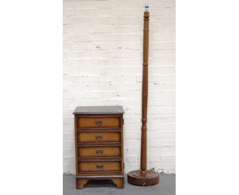 Mahogany effect pedestal cupboard, four drawer dummy fascia, width 45cms and a standard lamp, (2).