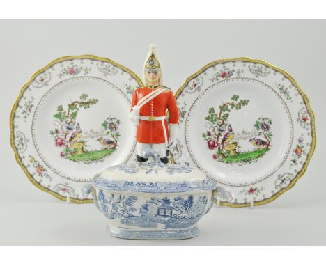 Set of four Copeland Spode Chelsea pattern plates, a Royal Doulton figure "The Lifeguard" HN2781, (missing sword), a blue and