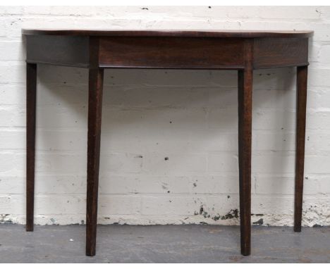 Oak console table, demi-lune top, square tapering legs, width 100cms.