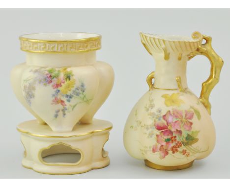 Royal Worcester blush ivory jug, decorated with floral sprays and stylised coral handle, Shape No. 1507, 11cms and another Ro