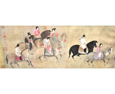 Chinese scroll painting with seals, calligraphy and colophons, 42cm x 167cm.