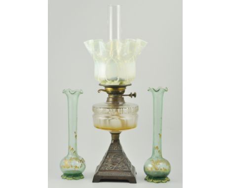 Brass oil lamp, with a crimped Vaseline glass shade and other various decorative glass (1 box).
