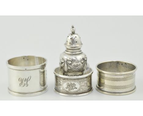 Small hallmarked silver pepper pot, Birmingham 1912, a hallmarked silver napkin ring, Leicester 1920 and two other silver nap