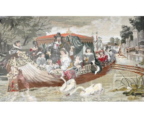 Victorian woolwork tapestry of Charles II boating, framed, 62cm x 90cm.