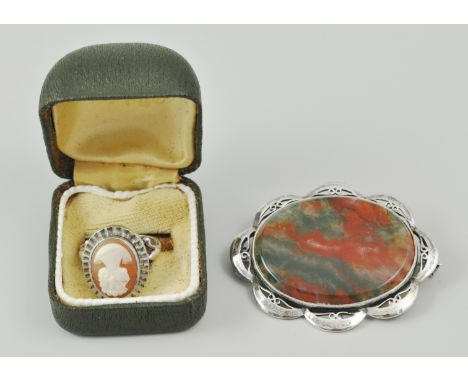 Cornish Stone Company, Shipton & Co., oval silver brooch set with a moss agate and a silver cameo ring (2).