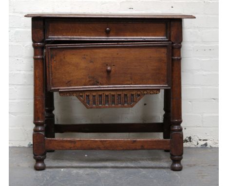 Oak side table, 17th Century style, fitted with a single drawer, with a further deep drawer under, turned legs, width 79cms.