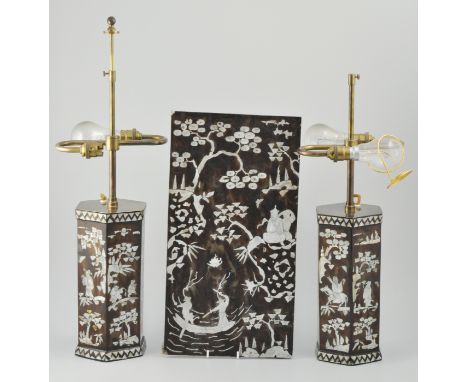 19th Century Chinese mother of pearl inlaid lacquered panel, together with two octagonal vases converted to lamps.