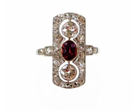 A Victorian ruby and diamond panel ring, the panel set with two old cut diamonds, each 4.2mm x 4.2mm x 2.2mm, approx 0.27cts 