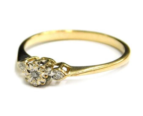 A 9ct gold dress ring, with small tiny diamond set claw design, each stone illusion set on a raised setting, ring size P, 1.4