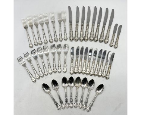 A collection of Gorham Sterling silver flatware in the Strasbourg pattern (8 place setting) including knives, forks, tea spoo