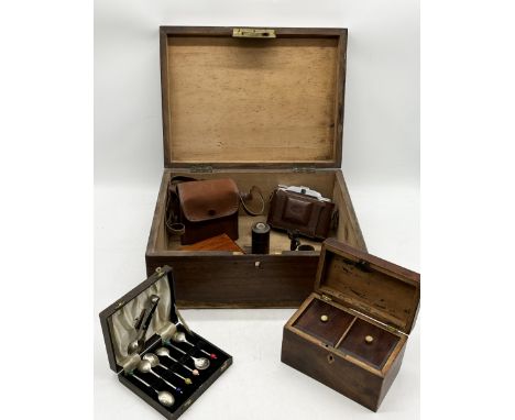 A collection of items including vintage cameras, tea caddy, wooden boxes etc.