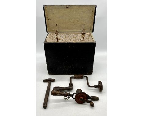 A vintage wooden box with a small selection of hand tools 40cm x 22cm, height 30cm 