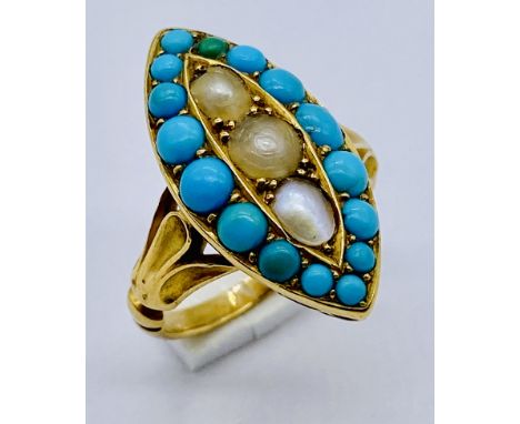 A Victorian unmarked 15ct gold (tested) ring set with turquoise and seed pearls, size J