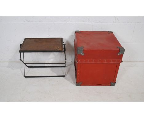 A folding wooden tea tray, along with a vintage red box