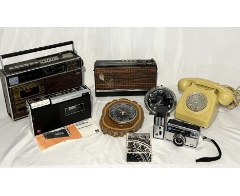 A collection of vintage radios, telephones, camera etc. including Hitachi, Panasonic etc.