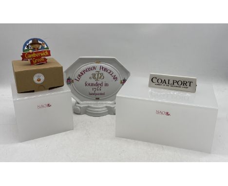 A small collection of name plaques for various manufacturers including a large Lomonosov plaque, Coalport, Camberwick Green a