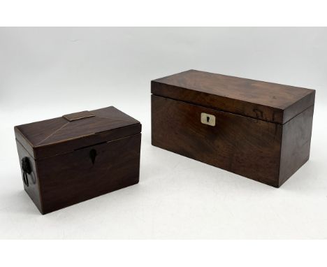 A Georgian tea caddy with inlaid detail of a stag along with another smaller example (both A/F)