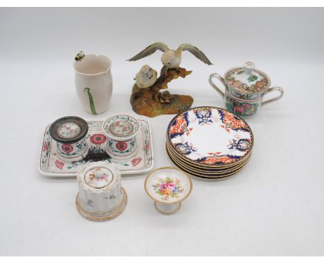 A small quantity of various ceramics, including Royal Crown Derby Budgerigars, set of six plates, Villeroy & Boch inkwell, Ch