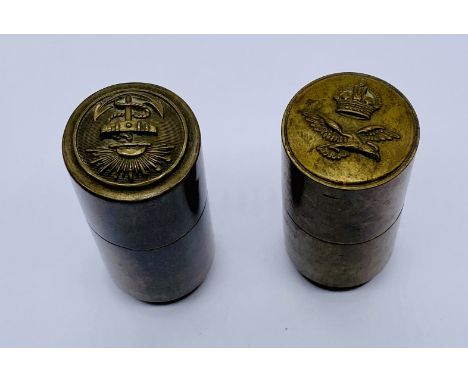 Two WW2 trench art lighters one with RAF button and the other Merchant Navy (P&O)