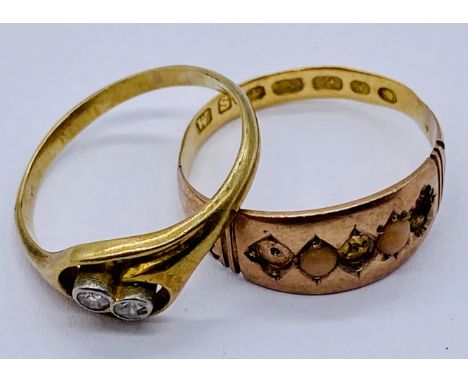 Two unmarked gold rings- a Victorian ring set with coral (some stones missing) along with a diamond two stone ring, total wei