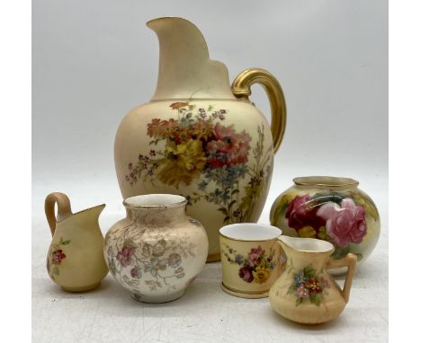 Five pieces of Royal Worcester including jugs (tallest 20 cm) miniature jugs, vases and cup, plus one other in a similar styl