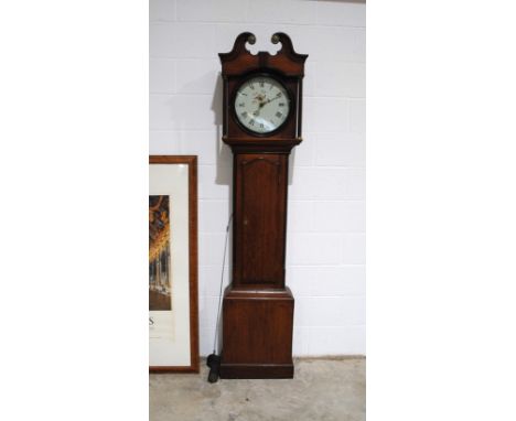 A Georgian oak longcase clock, with round painted dial - length 51cm, height 214.5cm