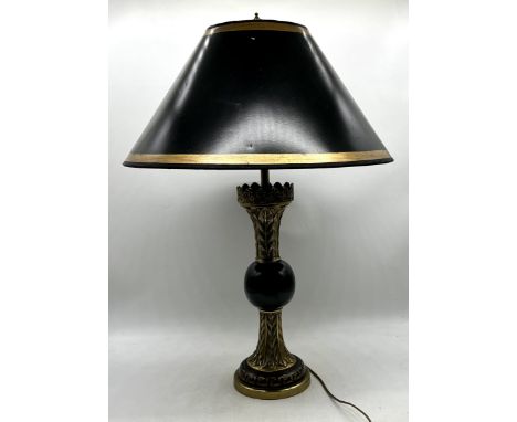 A large brass columned lamp with Greek key decoration to base, height 82cm