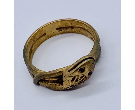 A 9ct gold snake ring with ruby eyes, weight 4.6g, size M