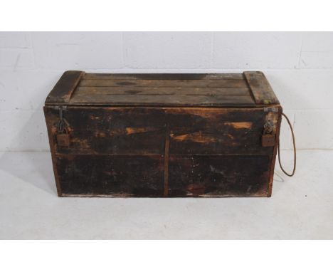A vintage wooden cricket box with rope handles - length 98cm, depth 39cm, height 49cm 