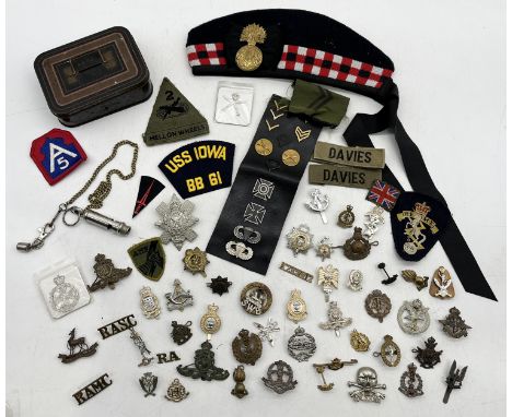 A large collection of military badges including SAS, REME, Royal Scots Fusiliers Glengarry, US Army officers rank etc.