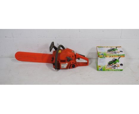 A Husqvarna 41 air injection petrol chainsaw, with boxed Florabest chain sharpener